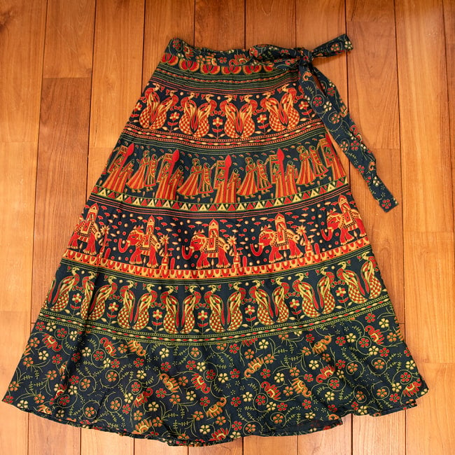 インド伝統柄が美しい　コットンラップスカート-マキシ丈 9 - 1：ダークグリーン