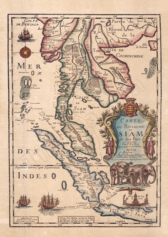 17世紀】アンティーク地図ポスター[CARTE DU ROYAUME DE SIAM]【タイ及び、周辺諸国】 の通販