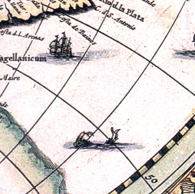 【17世紀】アンティーク地図ポスター[Nova Totius Terrarum Orbis Geographica Ac Hydrographica Tabula]【両半球世界地図】 4 - 悠々と海に怪物が泳いでいます
