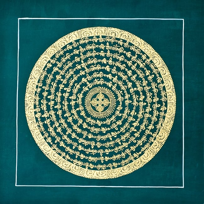 タンカ - マントラとヴィシュヴァ・ヴァジュラ（濃い緑）の写真1枚目です。全体図ですタンカ,マンダラ,曼荼羅,手描きのタンカ