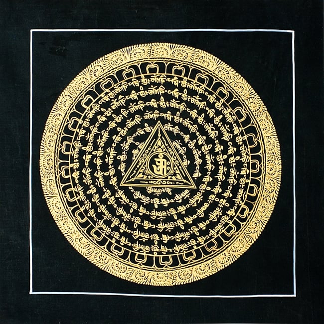 タンカ -金字マンダラ(黒）[一辺26.5cm]の写真1枚目です。全体図ですタンカ,マンダラ,曼荼羅,手描きのタンカ