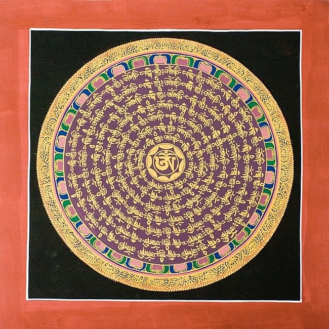 タンカ -金字マンダラ(黒・外地が赤）[一辺26.5cm]の写真1枚目です。全体図ですタンカ,マンダラ,曼荼羅,手描きのタンカ