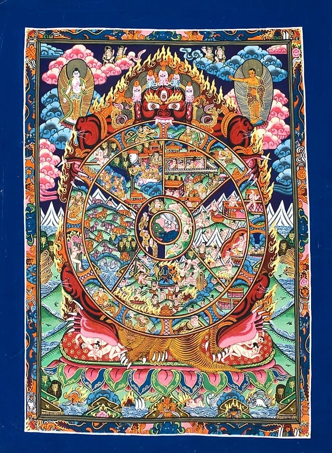 タンカ -六道輪廻マンダラ（青）　縦横45x33の写真1枚目です。全体図ですタンカ,マンダラ,曼荼羅,手描きのタンカ
