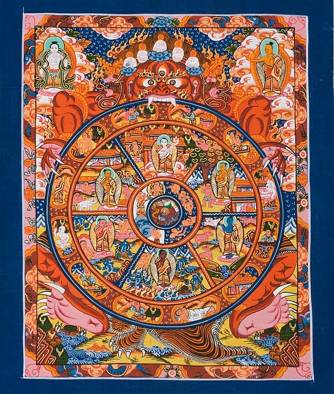 〔一点物〕タンカ -六道輪廻マンダラ　縦横37x30の写真1枚目です。全体図ですタンカ,仏画,マンダラ,チベット,曼荼羅,手描き
