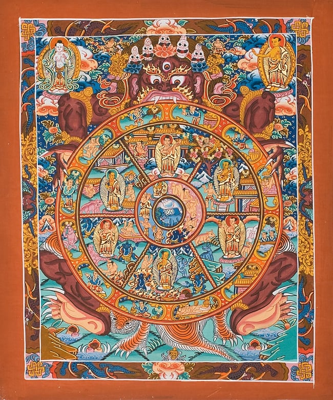 タンカ -六道輪廻マンダラ(茶)　縦横37x31の写真1枚目です。全体図ですタンカ,マンダラ,曼荼羅,手描きのタンカ
