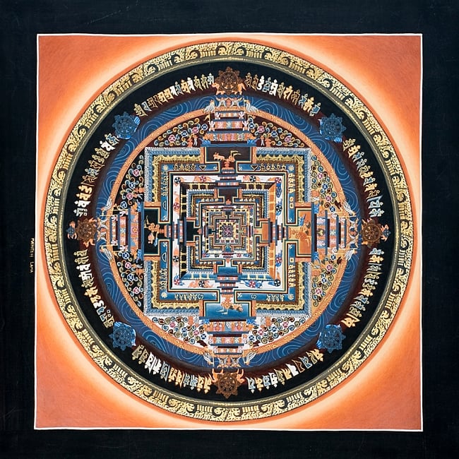 〔一点物〕タンカ -カーラチャクラマンダラ(橙)　縦横40x40の写真1枚目です。全体図ですタンカ,仏画,マンダラ,チベット,曼荼羅,手描き