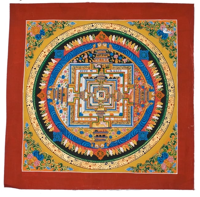 タンカ -カーラチャクラマンダラ(黄)　縦横33x33の写真1枚目です。全体図ですタンカ,マンダラ,曼荼羅,手描きのタンカ