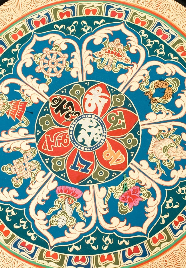 タンカ-　七吉祥とオンマニペメフムのマンダラ(青)　縦横35x35 2 - 別アングルです