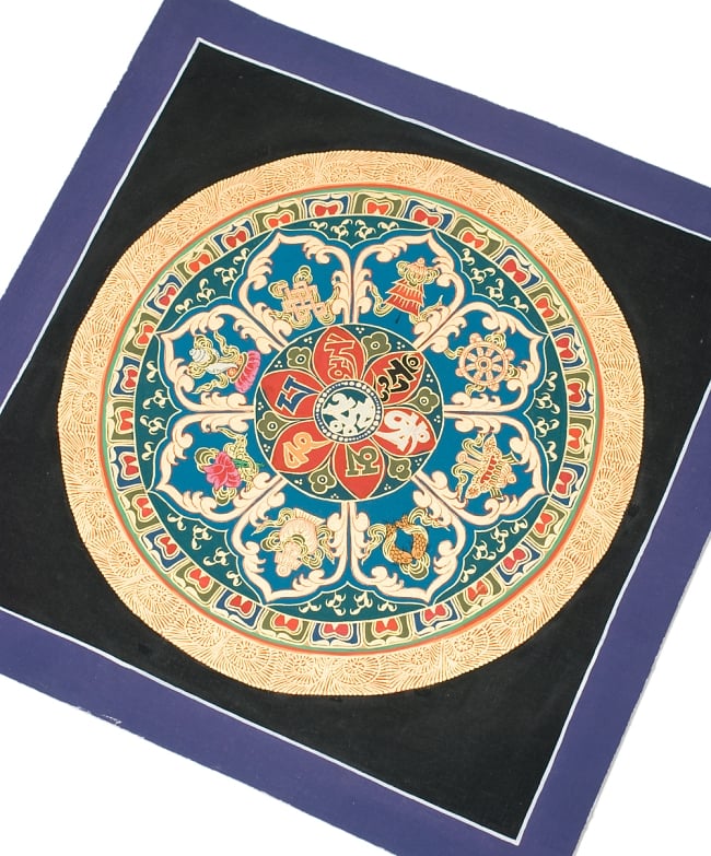 タンカ-　七吉祥とオンマニペメフムのマンダラ(青)　縦横35x35 8 - 別アングルです