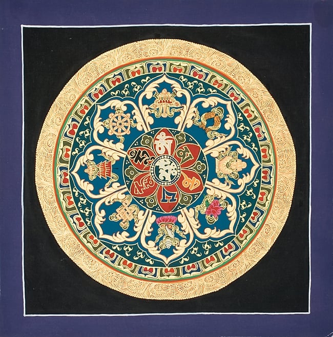 タンカ-　七吉祥とオンマニペメフムのマンダラ(青)　縦横35x35の写真1枚目です。全体図ですタンカ,マンダラ,曼荼羅,手描きのタンカ