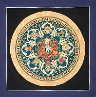 タンカ-　七吉祥とオンマニペメフムのマンダラ(青)　縦横35x35の商品写真