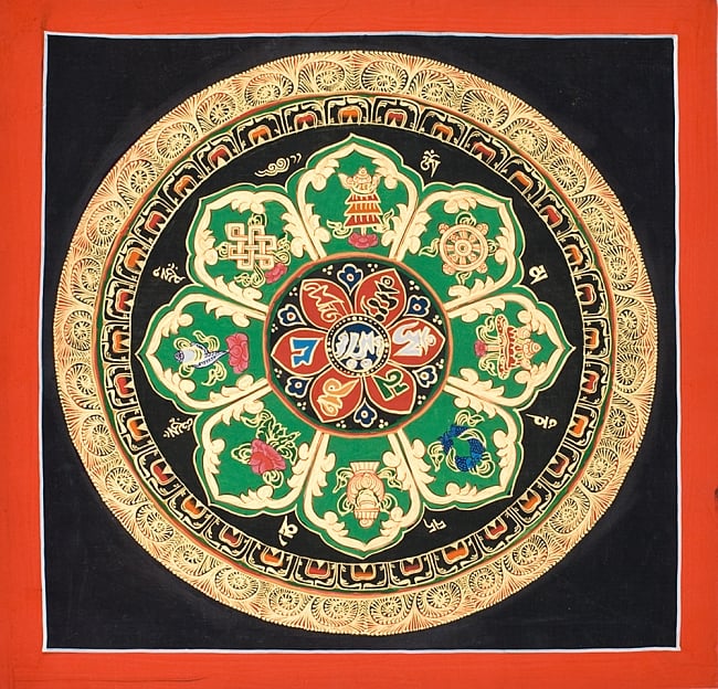 タンカ-　七吉祥とオンマニペメフムのマンダラ(緑)　縦横35x35の写真1枚目です。全体図ですタンカ,マンダラ,曼荼羅,手描きのタンカ
