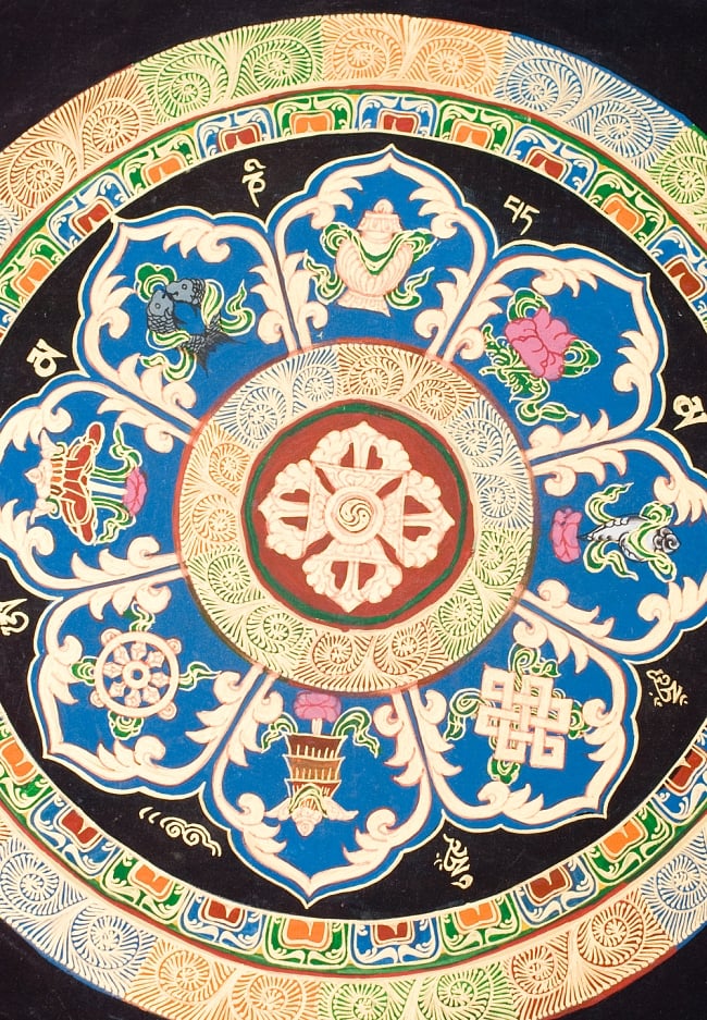 タンカ -七吉祥とヴィシュヴァ・ヴァジュラのマンダラ(青)　縦横34x34 2 - 別アングルです
