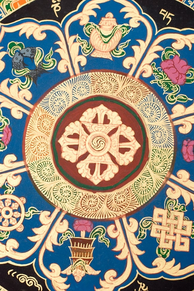 タンカ -七吉祥とヴィシュヴァ・ヴァジュラのマンダラ(青)　縦横34x34 3 - 別アングルです