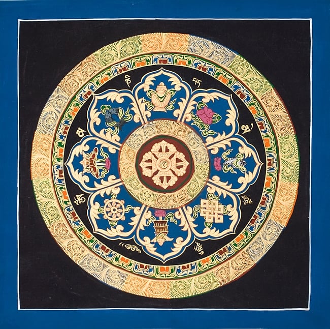 タンカ -七吉祥とヴィシュヴァ・ヴァジュラのマンダラ(青)　縦横34x34の写真1枚目です。全体図ですタンカ,マンダラ,曼荼羅,手描きのタンカ
