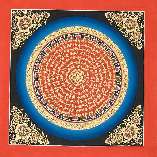 タンカ -七吉祥チャクラのマントラ　縦横33x33の写真1枚目です。全体図ですタンカ,マンダラ,曼荼羅,手描きのタンカ