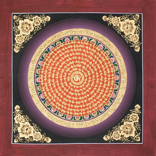 タンカ -オーン・マンダラ(朱)　縦横34x34の写真1枚目です。全体図ですタンカ,マンダラ,曼荼羅,手描きのタンカ