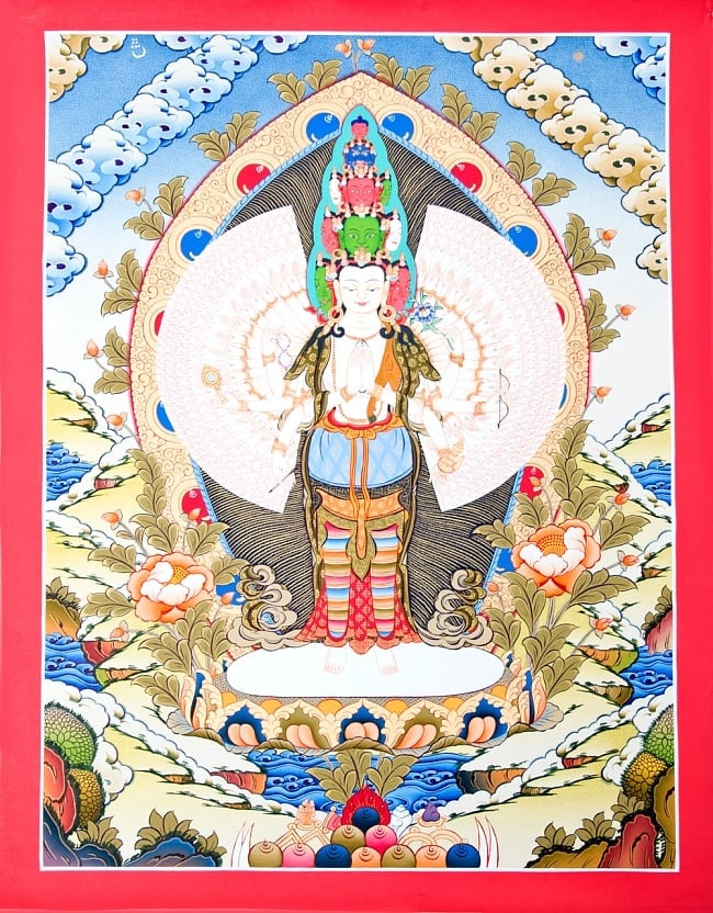 〔一点物〕タンカ - 十一面千手千眼観世音菩薩　50x67の写真1枚目です。全体図です観世音菩薩,タンカ,仏画,マンダラ,チベット,曼荼羅,手描き