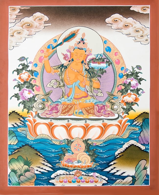 〔一点物〕タンカ -文殊師利菩薩　51ｘ67の写真1枚目です。全体図です文殊師利菩薩,タンカ,仏画,マンダラ,チベット,曼荼羅,手描き
