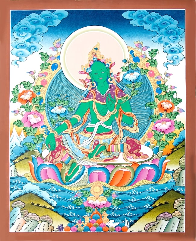 〔一点物〕タンカ -　グリーンターラー 51ｘ67の写真1枚目です。全体図ですグリーンターラ,タンカ,仏画,マンダラ,チベット,曼荼羅,手描き