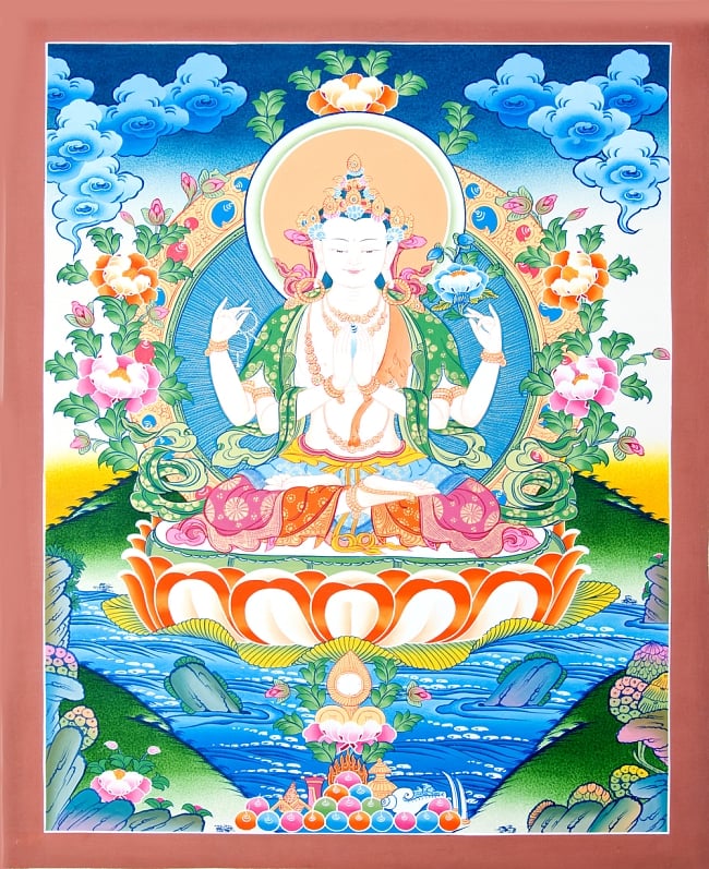 〔一点物〕タンカ -　六字咒観音菩薩像 51ｘ67の写真1枚目です。全体図です六字咒観音菩薩,タンカ,仏画,マンダラ,チベット,曼荼羅,手描き