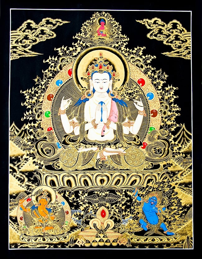 煌めくタンカ - 六字咒観音菩薩像　56.5ｘ74の写真1枚目です。全体図ですタンカ,マンダラ,曼荼羅,手描きのタンカ