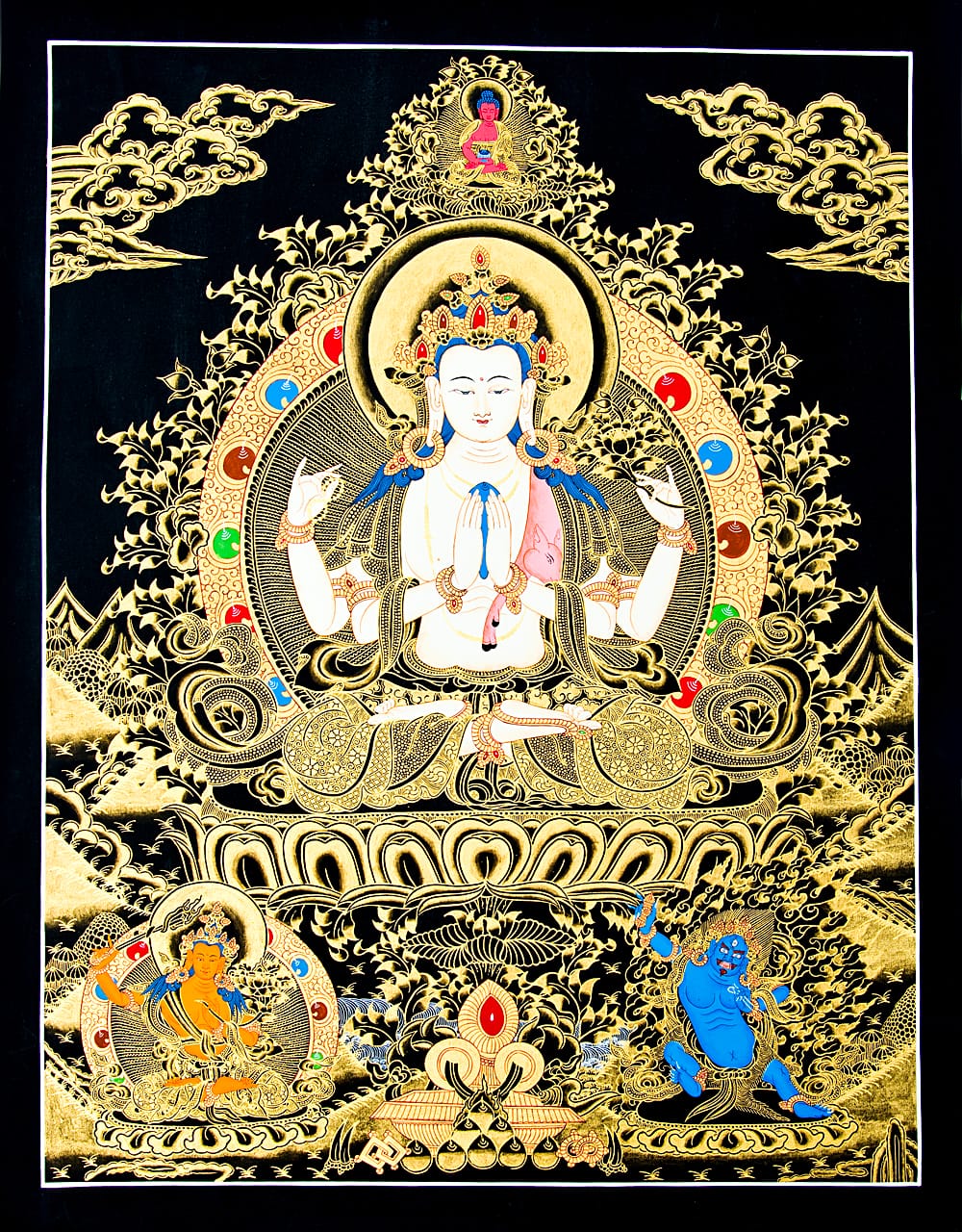 チベット 観音菩薩のタンカ 仏画 額入り-