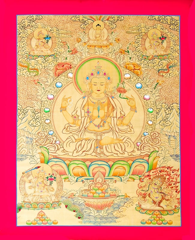 煌めくタンカ - 六字咒観音菩薩像 62x88の写真1枚目です。全体図ですタンカ,マンダラ,曼荼羅,手描きのタンカ