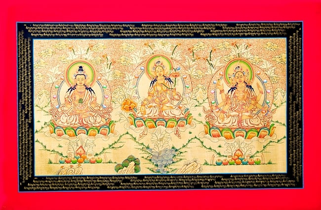 煌めくタンカ -無量寿菩薩・白多羅菩薩・仏頂尊勝母　100ｘ65.5の写真1枚目です。全体図ですタンカ,マンダラ,曼荼羅,手描きのタンカ
