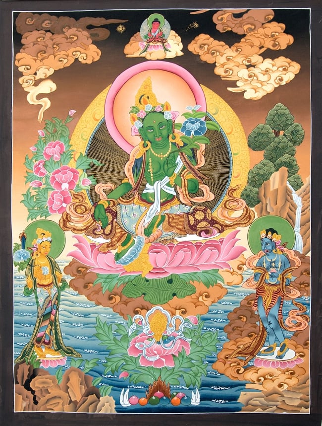 〔一点物〕タンカ - グリーンターラー[61.5x46cm]の写真1枚目です。全体図です グリーンターラー,タンカ,仏画,マンダラ,チベット,曼荼羅,手描き