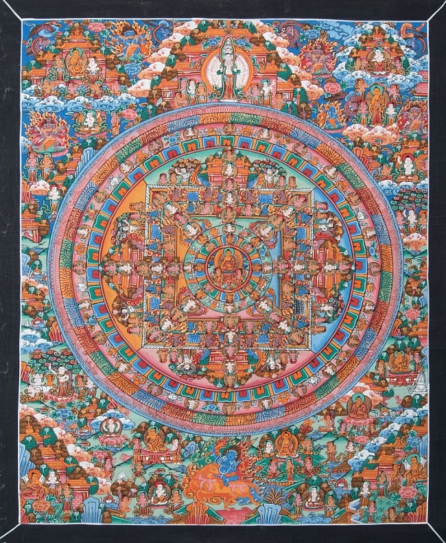 〔一点物〕タンカ-観音菩薩 - アヴァローキテシュワラ・マンダラ[56x45cm]の写真1枚目です。全体図です観音菩薩 ,タンカ,仏画,マンダラ,チベット,曼荼羅,手描き
