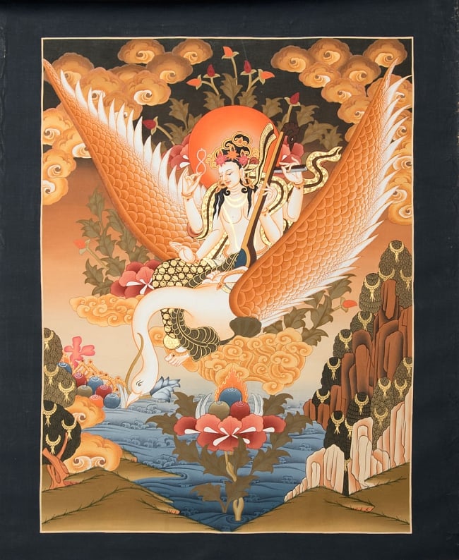 〔一点物〕タンカ-サラスバティ[58x43cm]の写真1枚目です。全体図ですタンカ,仏画,マンダラ,チベット,曼荼羅,手描き