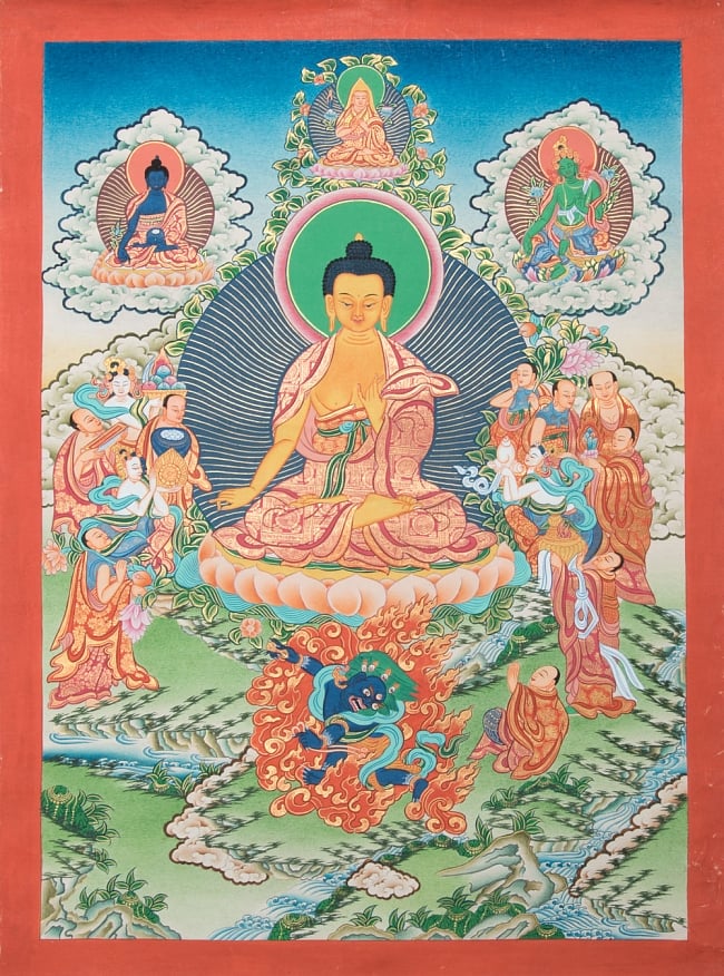 〔一点物〕タンカ-釈迦牟尼仏マンダラ[49x42.5cm]の写真1枚目です。全体図です釈迦牟尼仏,タンカ,仏画,マンダラ,チベット,曼荼羅,手描き
