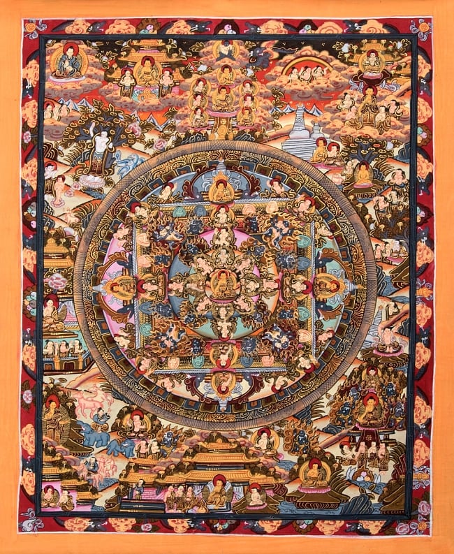 〔一点物〕タンカ - 釈迦陀如来マンダラ[54.5x43cm]の写真1枚目です。全体図ですタンカ,仏画,マンダラ,チベット,曼荼羅,手描き