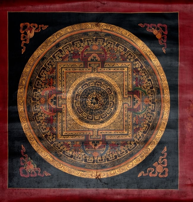 〔一点物〕オイルペイント・タンカ-カーラチャクラ・マンダラ[39x38cm]の写真1枚目です。全体図ですタンカ,仏画,マンダラ,チベット,曼荼羅,手描き
