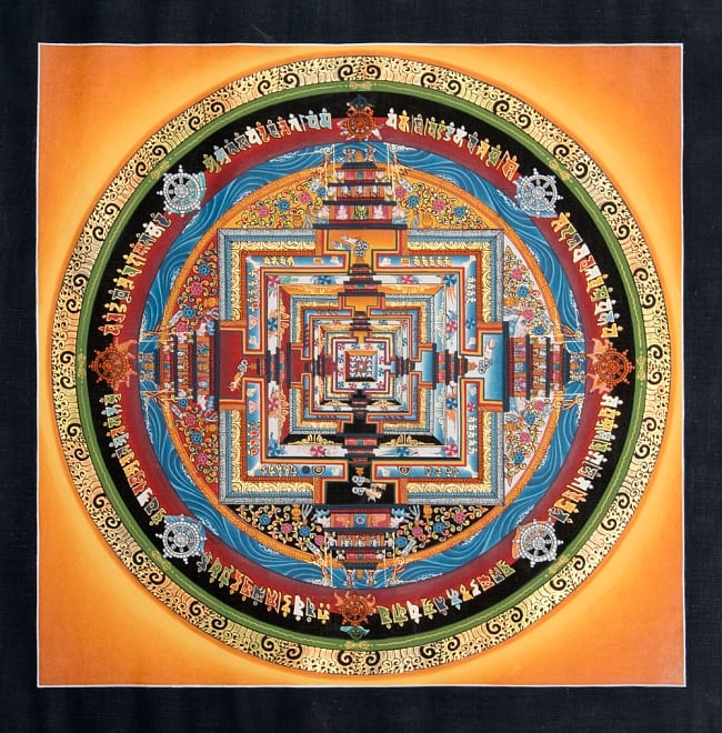 〔一点物〕タンカ - カーラチャクラ・マンダラ[37x37cm]の写真1枚目です。全体図ですタンカ,仏画,マンダラ,チベット,曼荼羅,手描き