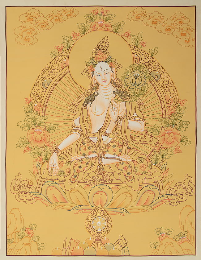 〔一点物〕タンカ - ホワイトターラー [65cm x 50cm]の写真1枚目です。全体図ですホワイトターラ,タンカ,マンダラ,曼荼羅,手描きのタンカ