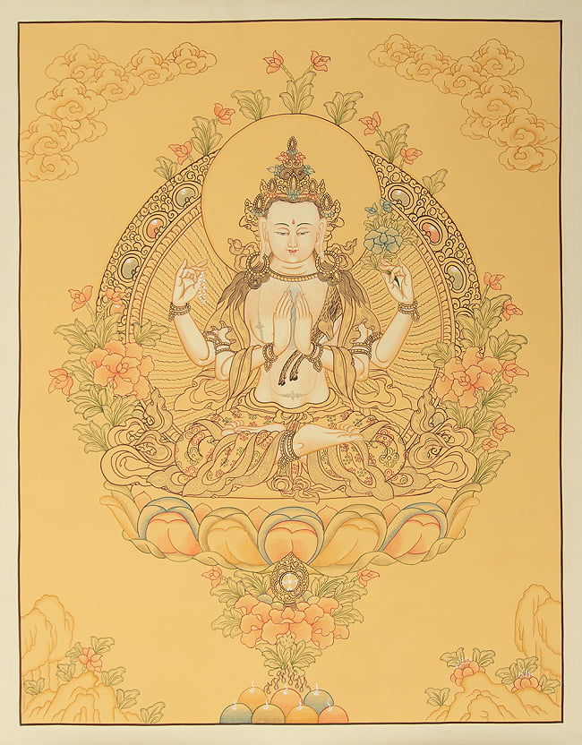 〔一点物〕タンカ - 六字咒観音菩薩像[64cm x 51cm]の写真1枚目です。全体図です六字咒観音菩薩,タンカ,マンダラ,曼荼羅,手描きのタンカ