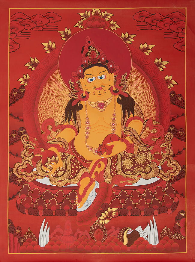 タンカ - ジャンバラ 宝蔵神[65cm x 49cm]の写真1枚目です。全体図です宝蔵神,タンカ,マンダラ,曼荼羅,手描きのタンカ