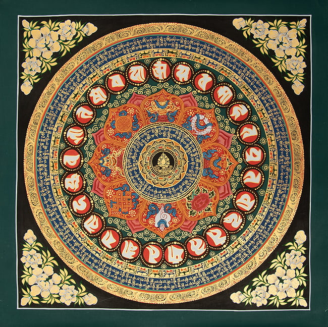 〔一点物〕タンカ - 種子マンダラ[56cm x 56cm]の写真種子マンダラ,タンカ,マンダラ,曼荼羅,手描きのタンカ