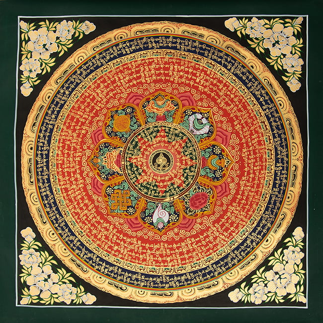 〔一点物〕タンカ - 吉兆図と種子マンダラ[56cm x 55cm]の写真1枚目です。全体図です種子マンダラ,タンカ,マンダラ,曼荼羅,手描きのタンカ