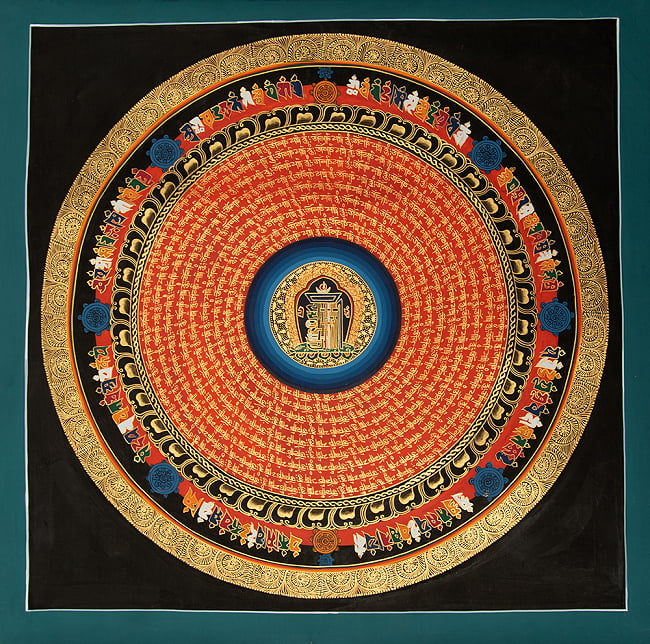 〔一点物〕タンカ - カーラチャクラと種子マンダラ[55cm x 56cm]の写真1枚目です。全体図です種子マンダラ,タンカ,マンダラ,曼荼羅,手描きのタンカ