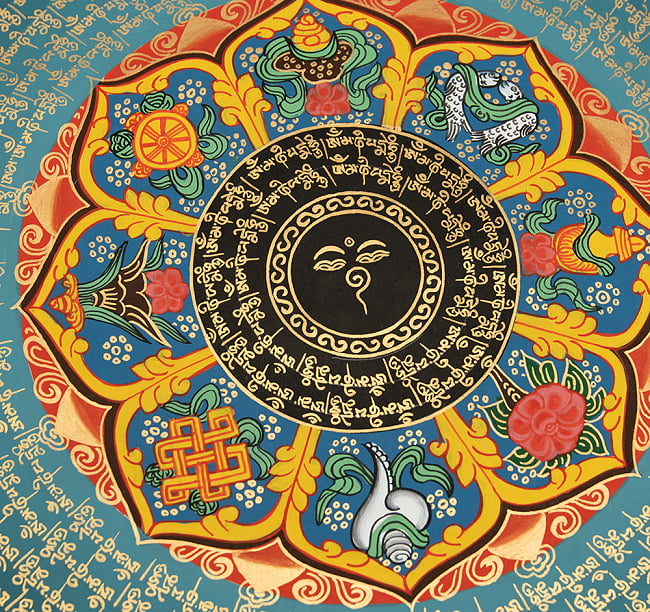 〔一点物〕タンカ - ブッダアイと吉兆図 種子マンダラ[54cm x 54cm] 3 - 別アングルです