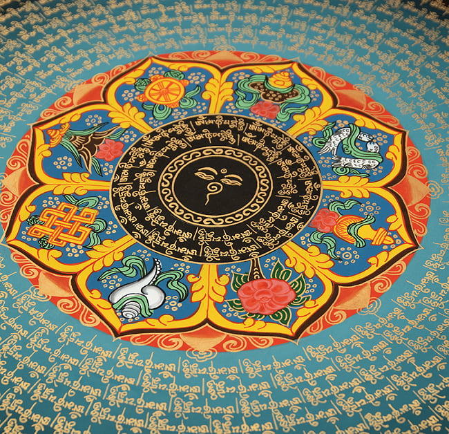 〔一点物〕タンカ - ブッダアイと吉兆図 種子マンダラ[54cm x 54cm] 7 - 別アングルです