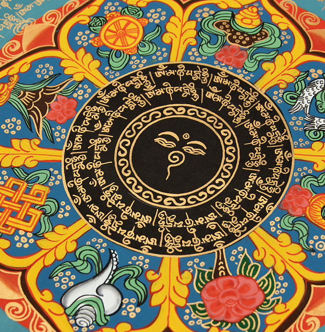〔一点物〕タンカ - ブッダアイと吉兆図 種子マンダラ[54cm x 54cm] 8 - 別アングルです