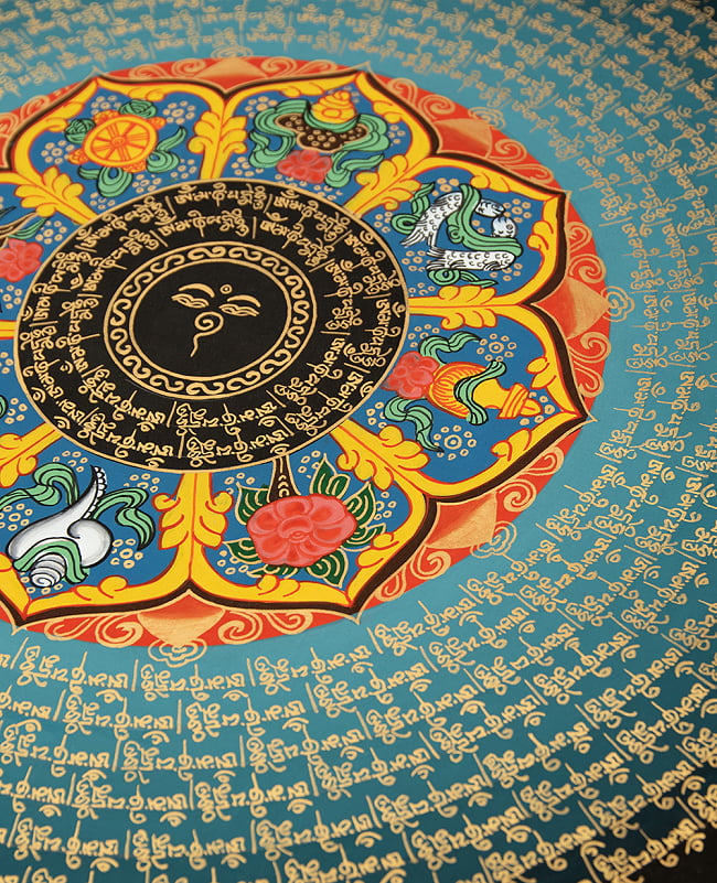 〔一点物〕タンカ - ブッダアイと吉兆図 種子マンダラ[54cm x 54cm] 9 - 別アングルです
