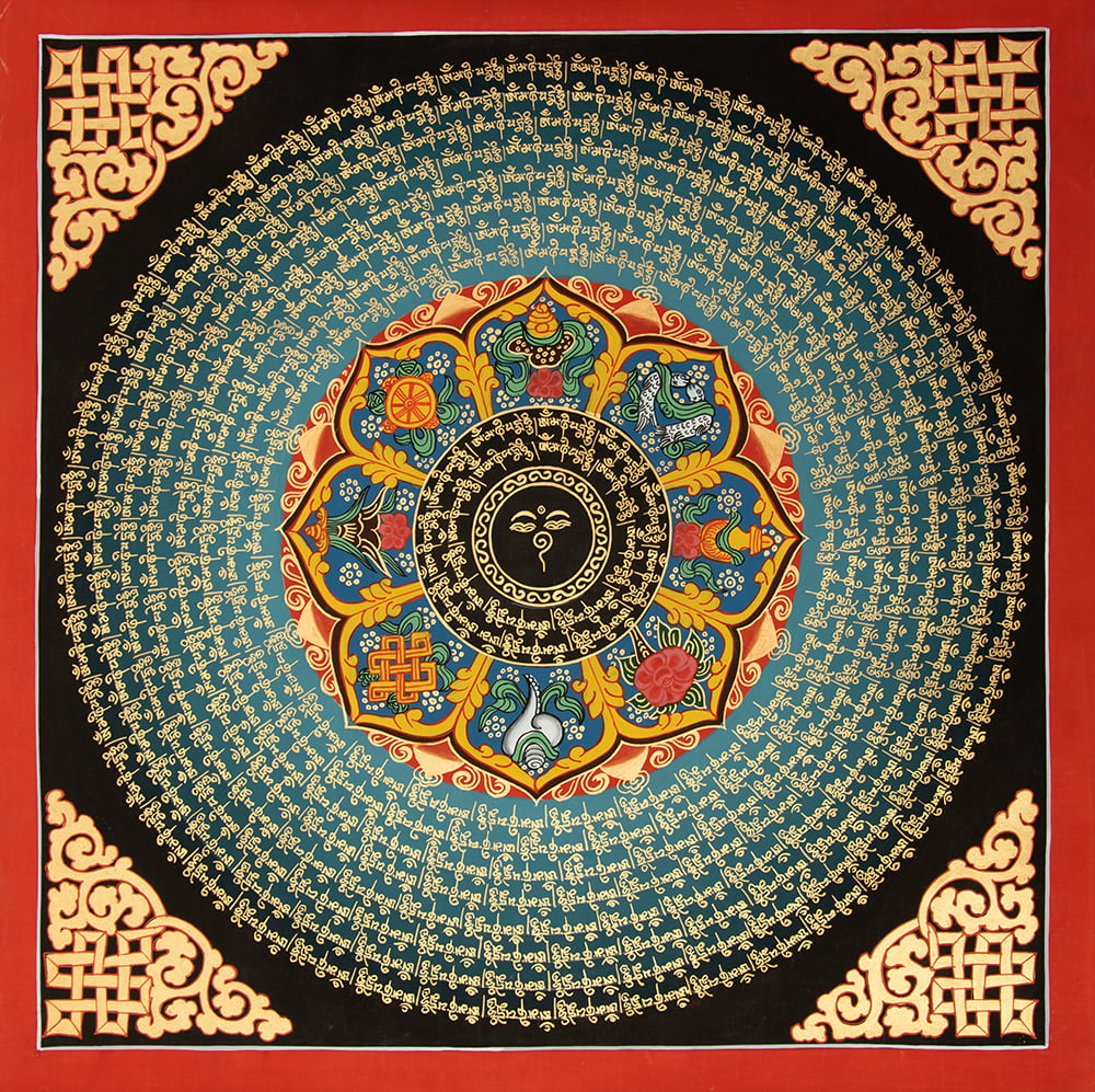 送料無料 種子マンダラ タンカ 曼荼羅 〔一点物〕タンカ 吉兆図と種子マンダラ 56cm x 55cm 手描きのタンカ