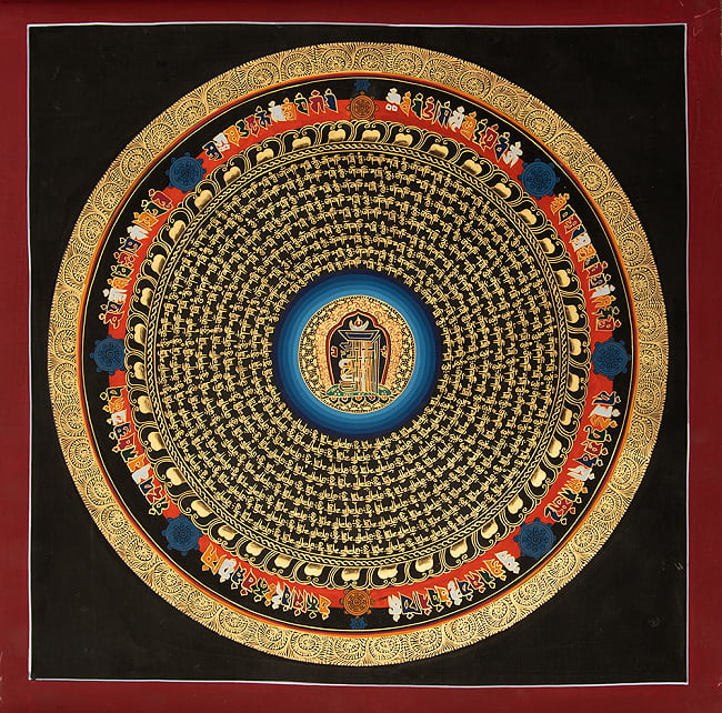 〔一点物〕タンカ - カーラチャクラと種子マンダラ[55cm x 55cm]の写真1枚目です。全体図です種子マンダラ,タンカ,マンダラ,曼荼羅,手描きのタンカ