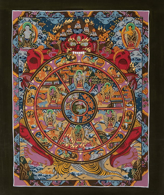 〔一点物〕タンカ - 六道輪廻マンダラ[38.5cm x 31cm]の写真1枚目です。全体図です六道輪廻,タンカ,マンダラ,曼荼羅,手描きのタンカ