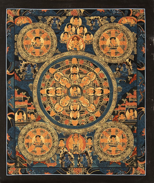 〔一点物〕タンカ - 5ブッダ マンダラ[37cm x 31.5cm]の写真1枚目です。全体図ですタンカ,マンダラ,曼荼羅,手描きのタンカ